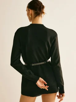 COMMENSE Plain Mock Neck Versatile Belted Sweater* Sweater Tops|Sweaters & Cardigans