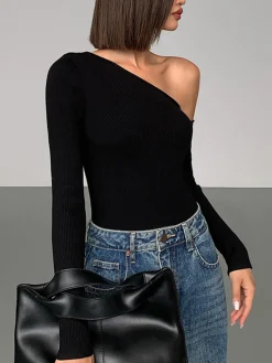 COMMENSE Plain One-Shoulder Knit Top* Sweater Tops|Sweaters & Cardigans