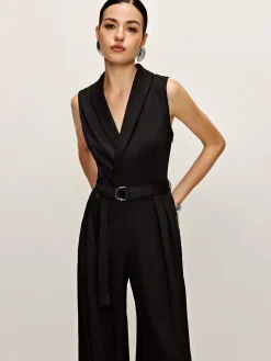 COMMENSE Plain Panel Sleeveless Belted Jumpsuit* Black Dresses|Jumpsuits & Rompers