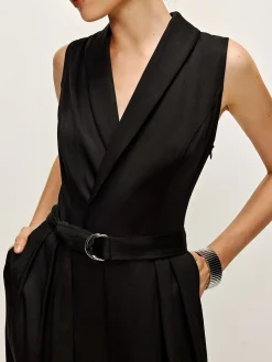 COMMENSE Plain Panel Sleeveless Belted Jumpsuit* Black Dresses|Jumpsuits & Rompers