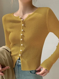 COMMENSE Plain Pearl Split Cardigan* Cardigans|Sweaters & Cardigans