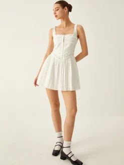 COMMENSE Plain Pleated Cami Short Dress* White Dresses|Casual Dresses