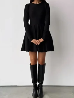 COMMENSE Plain Pleated Sweater Short Dress* White Dresses|Black Dresses