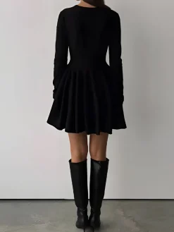COMMENSE Plain Pleated Sweater Short Dress* White Dresses|Black Dresses