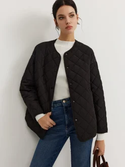 COMMENSE Plain Quilted Button Winter Coat With Scarf* Outerwear|Tops