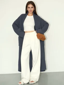 COMMENSE Plain Ribbed Pockets Long Cardigan* Cardigans|Sweaters & Cardigans
