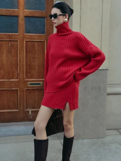 COMMENSE Plain Ribbed Split Sweater Skirt Set* Skirt Sets|Long Sleeve Sets
