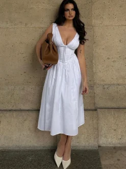 COMMENSE Plain Sleeveless Midi Dress* White Dresses|Casual Dresses