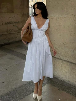 COMMENSE Plain Sleeveless Midi Dress* White Dresses|Casual Dresses