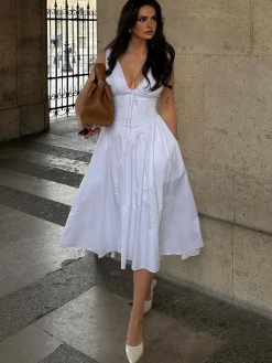 COMMENSE Plain Sleeveless Midi Dress* White Dresses|Casual Dresses