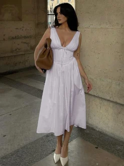 COMMENSE Plain Sleeveless Midi Dress* White Dresses|Casual Dresses