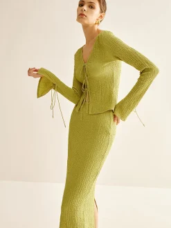 COMMENSE Plain V-Neck Lace Up Skirt Set* Skirt Sets|Long Sleeve Sets