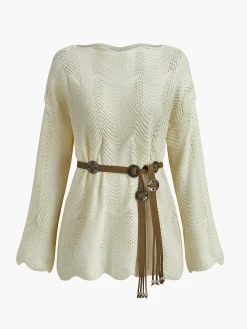 COMMENSE Plain Wave Trim Belted Sweater* Sweater Tops|Sweaters & Cardigans