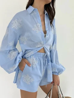 COMMENSE Plant Embroidery Casual Shorts Set* Shorts Sets|Shorts