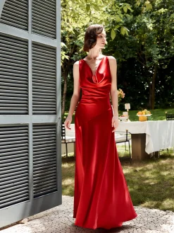 COMMENSE Pleated Backless Satin Tank Long Dress* Cocktail & Party Dresses|Summer Dresses