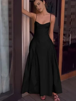 COMMENSE Pleated Cami Long Dress* Black Dresses|Casual Dresses