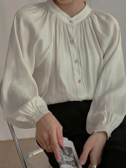 COMMENSE Pleated Collar Pearl Button Shirt* Blouses & Shirts|Tops