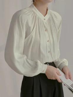 COMMENSE Pleated Collar Pearl Button Shirt* Blouses & Shirts|Tops