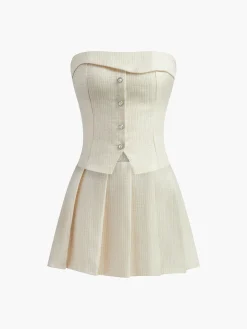 COMMENSE Pleated Front Button Zipper Strapless Skirt Set* Skirt Sets|Long Sleeve Sets