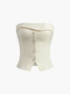COMMENSE Pleated Front Button Zipper Strapless Skirt Set* Skirt Sets|Long Sleeve Sets