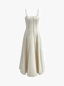 COMMENSE Pleated Piping Flowy Cami Dress* White Dresses|Casual Dresses