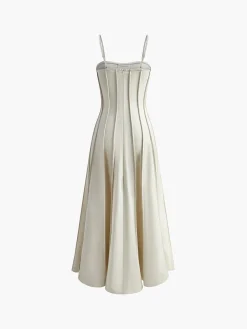 COMMENSE Pleated Piping Flowy Cami Dress* White Dresses|Casual Dresses
