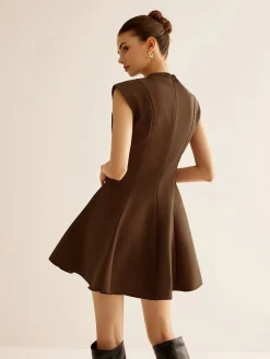 COMMENSE Pleated Piping Zipper Tank Dress* Casual Dresses|Work Dresses