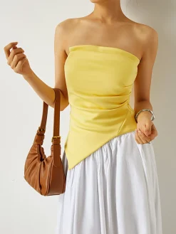 COMMENSE Pleated Plain Tube Top* Tank Tops & Camis|Tops