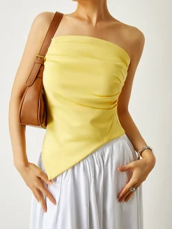 COMMENSE Pleated Plain Tube Top* Tank Tops & Camis|Tops
