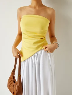 COMMENSE Pleated Plain Tube Top* Tank Tops & Camis|Tops