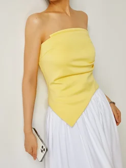 COMMENSE Pleated Plain Tube Top* Tank Tops & Camis|Tops