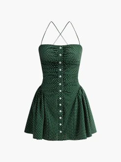COMMENSE Pleated Polka Dot Sleeveless Dress* Black Dresses|Vacation Dresses