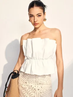 COMMENSE Pleated Ruffle Trim Tube Top* Tank Tops & Camis|Tops