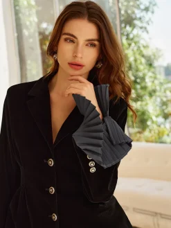 COMMENSE Pleated Ruffle-Cuff Velvet Skirt Set* Skirt Sets|Long Sleeve Sets