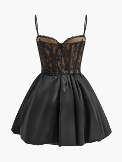 COMMENSE Pleated Satin-Hem Lace Cami Dress* Dresses
