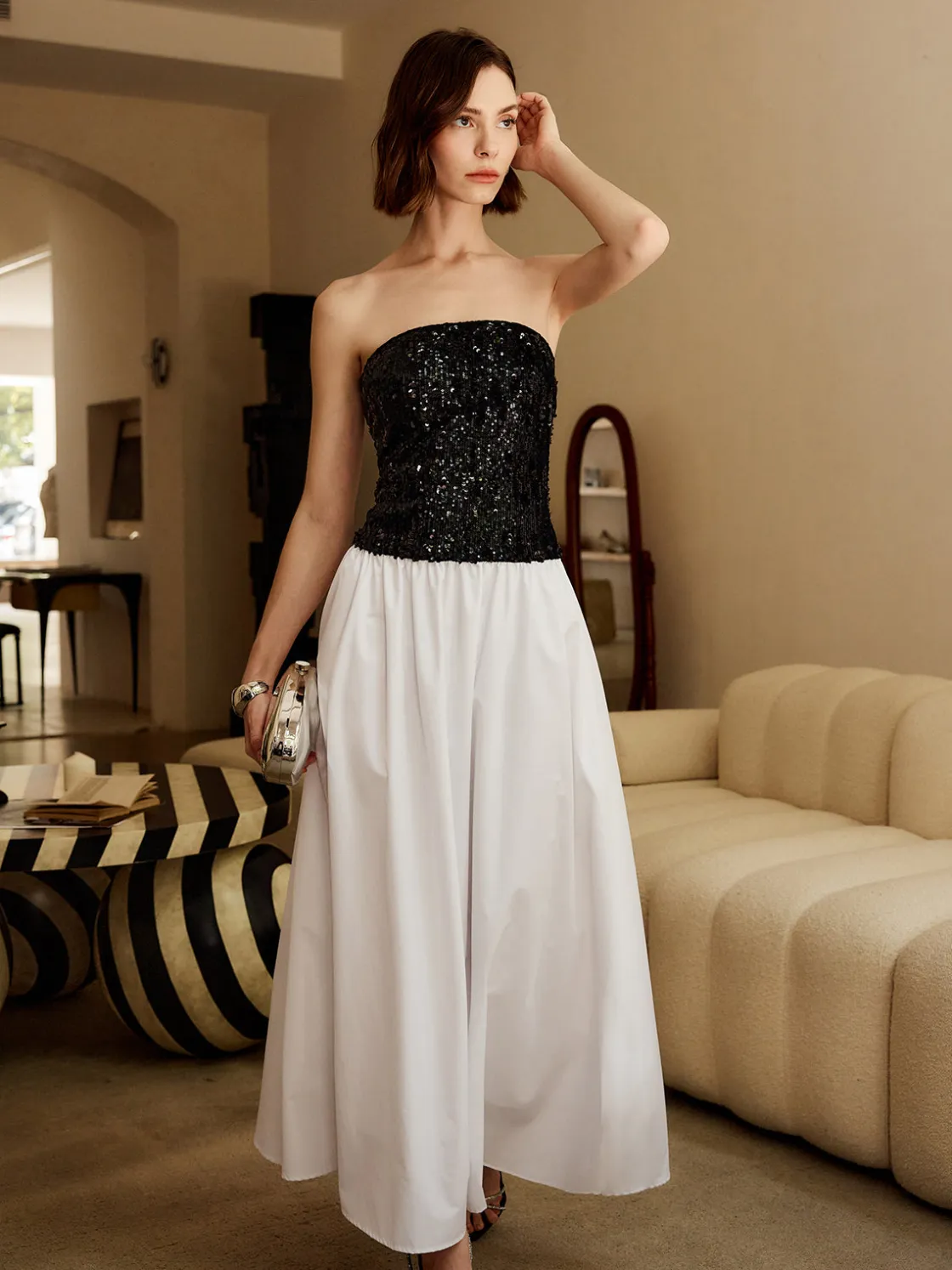 COMMENSE Pleated Sequins Tube Long Dress* White Dresses|Cocktail & Party Dresses
