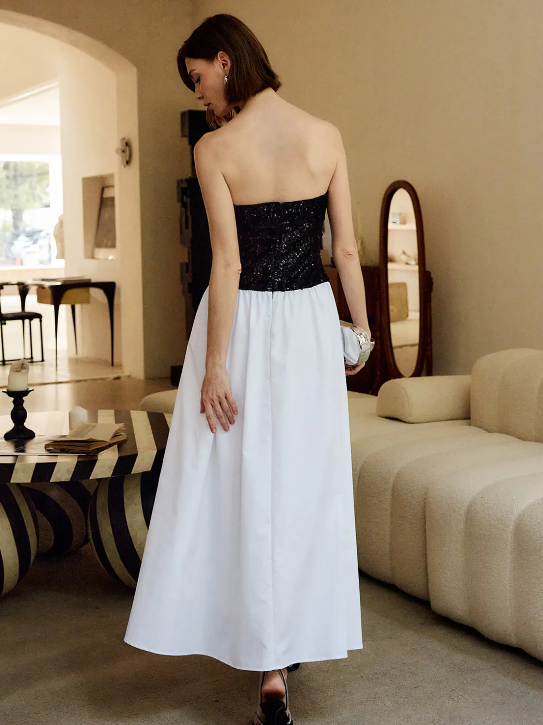 COMMENSE Pleated Sequins Tube Long Dress* White Dresses|Cocktail & Party Dresses
