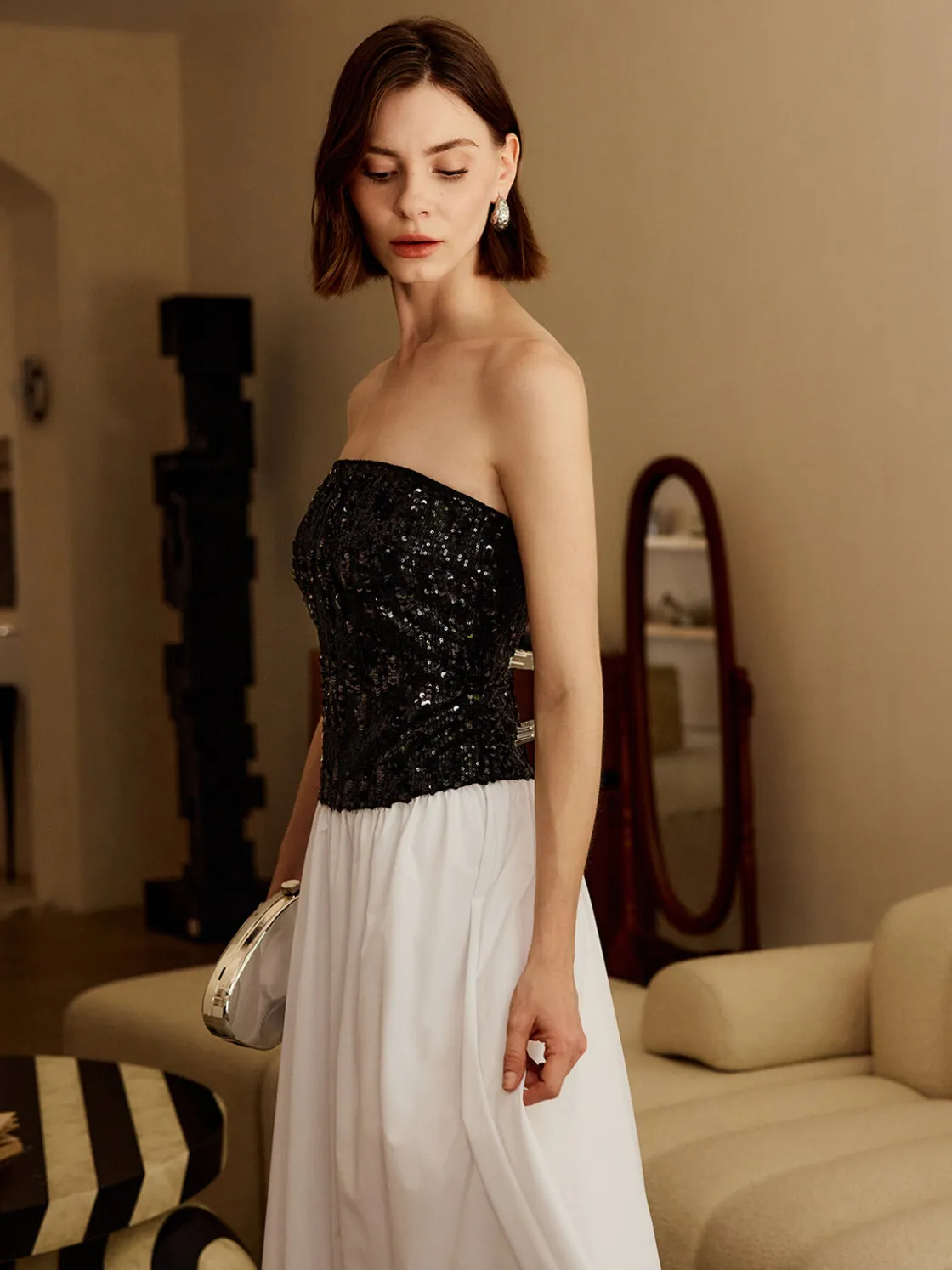 COMMENSE Pleated Sequins Tube Long Dress* White Dresses|Cocktail & Party Dresses