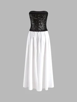 COMMENSE Pleated Sequins Tube Long Dress* White Dresses|Cocktail & Party Dresses