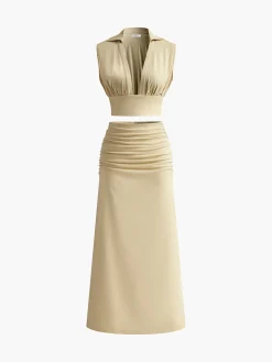 COMMENSE Pleated Sexy Corset Midi Skirt Set* Skirt Sets|Long Sleeve Sets