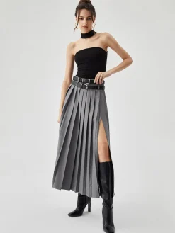 COMMENSE Pleated Split Maxi Skirt Without Belt* Skirts|Matching Sets