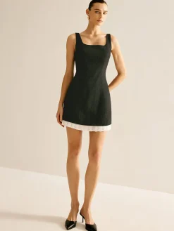 COMMENSE Pleated Trim Tweed Tank Short Dress* Black Dresses|Casual Dresses