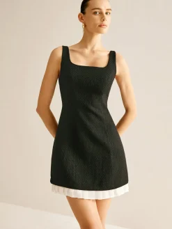 COMMENSE Pleated Trim Tweed Tank Short Dress* Black Dresses|Casual Dresses