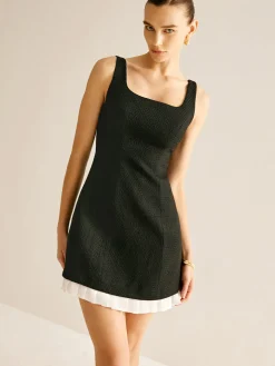 COMMENSE Pleated Trim Tweed Tank Short Dress* Black Dresses|Casual Dresses
