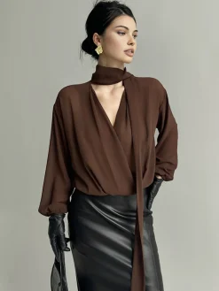 COMMENSE Pleated V-Neck Shirt With Scarf* Blouses & Shirts