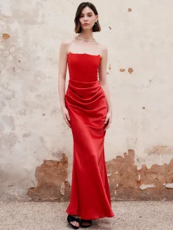 COMMENSE Pleated Zipper Corset Tube Long Dress* Cocktail & Party Dresses|Summer Dresses
