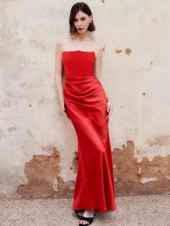 COMMENSE Pleated Zipper Corset Tube Long Dress* Cocktail & Party Dresses|Summer Dresses