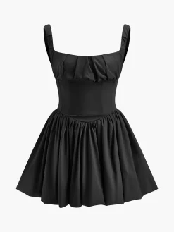 COMMENSE Pleated Zipper Strappy Short Dress* Dresses