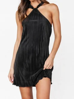 COMMENSE Plisse Halter Short Dress* Casual Dresses|Vacation Dresses