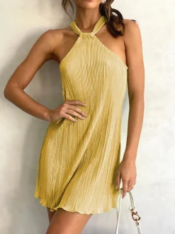 COMMENSE Plisse Halter Short Dress* Casual Dresses|Vacation Dresses